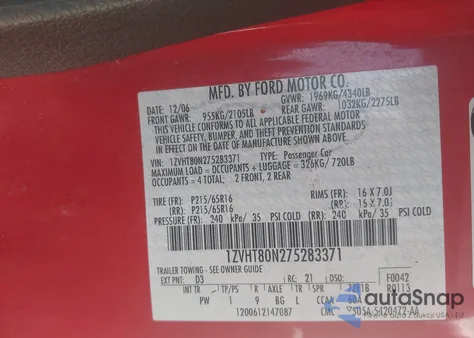 2007 Ford Mustang V6 Deluxe/V6 Premium из США, поврежденный, VIN 1ZVHT80N275283371